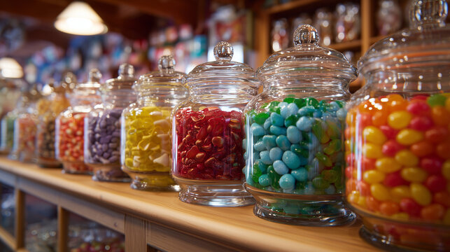 A row of glass jars filled with colorful candies on a wooden shelf in a candy store display case