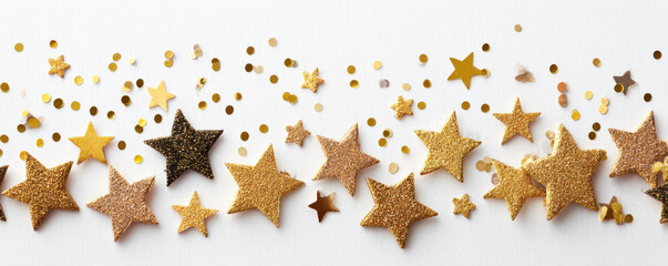 Golden glitter star decorations and confetti create festive banner for Christmas celebration with sparkling joy and warmth