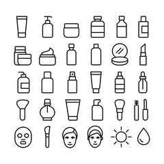 Cosmetics, Beauty and Skincare Icon Set in monoline vector style.