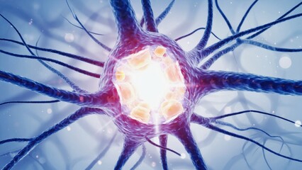 A highly detailed digital illustration of a neuron cell glowing with energy, its branching axons and dendrites radiating outward, science, biology, intelligence, and the complexity of the human brain.