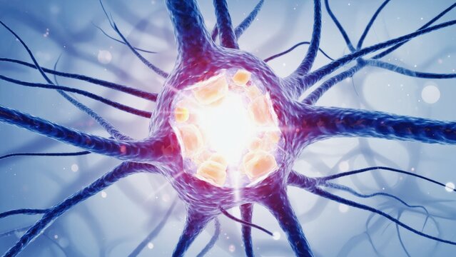 A highly detailed digital illustration of a neuron cell glowing with energy, its branching axons and dendrites radiating outward, science, biology, intelligence, and the complexity of the human brain.