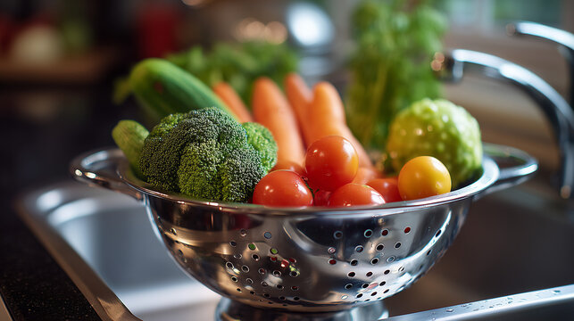 A stainless steel colander filled with fresh vegetables sitting in a kitchen sink near a faucet