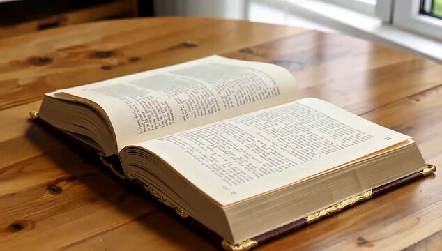 Sunlight from a window illuminates an open classic book resting on a wooden surface, a quiet scene of study and learning