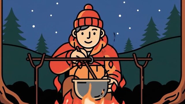 Person Cooking Over Campfire Under Starry Night Sky.