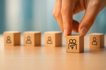Naklejka premium Hand Picking Wooden Block with Teamwork Icon for Business and HR Concept 