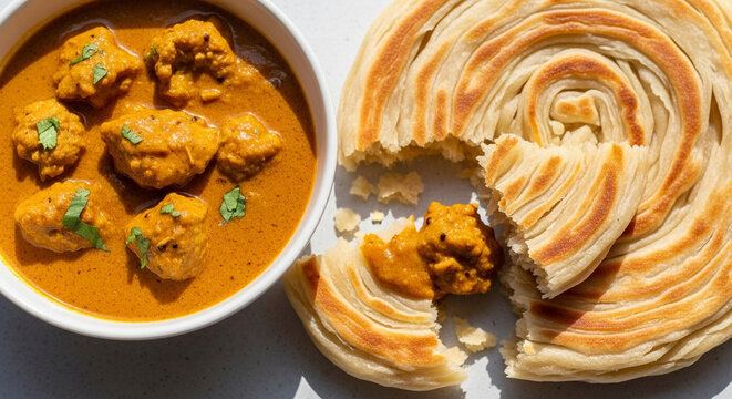 Macro shot of freshly made Malabar parotta paired with flavorful butter chicken, bright daylight on a simple light-colored background