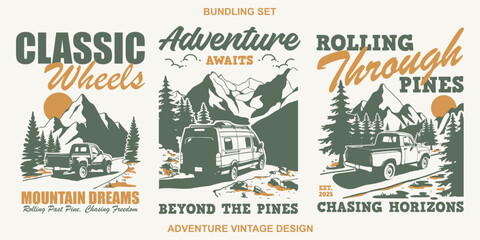Bundling vintage hand-drawn illustration of a classic car in a natural landscape. Features trees, mountains, and open sky for a nostalgic travel vibe.