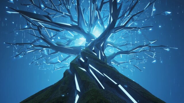 Abstract glowing tree with crystalline geometric branches on a digital mountain, symbolizing artificial intelligence, digital nature, data energy, futuristic fusion of organic, technological elements.