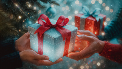 Hands tenderly exchange beautifully wrapped gifts beneath the soft glow of holiday lights, celebrating the season of giving, generosity, and joy.