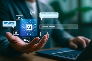 Businessman Presenting Artificial Intelligence Concept with Virtual Icons
