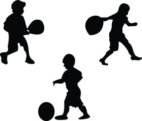 Children playing ball silhouette vector illustration,Active kids playing outdoor sports black silhouettes