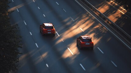 Aerial view of two red vehicles on a multi-lane highway at sunset with long shadows