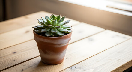 Succulent plant in a terracotta pot on a light wooden table near a bright window indoors