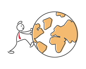 Stick Figure Pushing Large Globe Earth Orange Continents on Transparent Background