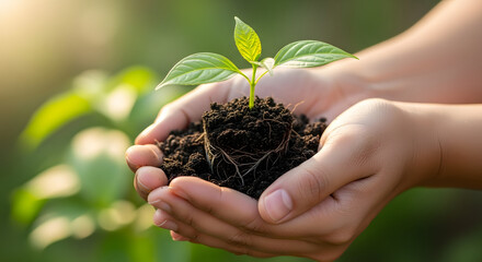 Hands holding a small plant with soil and roots against a blurred green background in soft sunlight