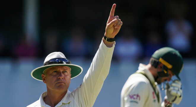 Umpire making an 'out' decision during a cricket match.