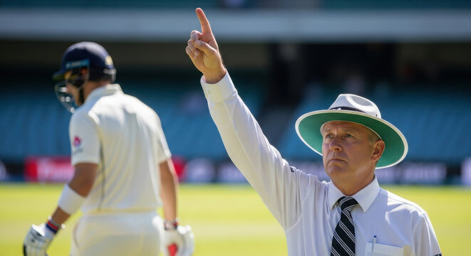 Cricket umpire raising a finger to signal a batsman is out.