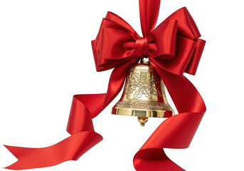 Golden christmas bell tied with a bright red satin ribbon bow isolated on transparent background