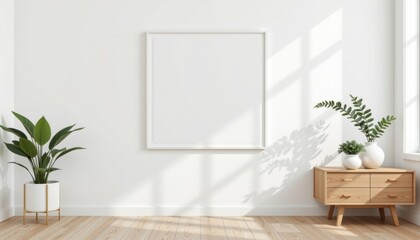 Fototapeta premium Minimalist interior design with a white empty wall, wooden furniture, potted plants, natural sunlight, and clean modern decor in bright room