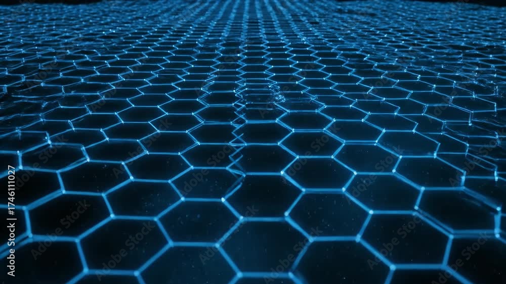 Poster seamlessly looping abstract background showcases an intricate hexagonal grid with glowing lines and 
