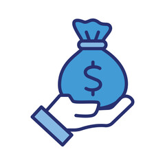 Blue hand gripping a money bag with a dollar sign, perfect for finance, savings, investment, wealth management concepts in design projects.