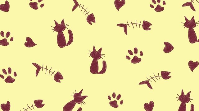 Cats hearts fish bones and paws seamless pattern. Perfect for pet-themed designs, pet shop promotions, veterinary clinic materialss. Cat seamless pattern background loop animation. 
