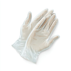 A pair of white disposable medical gloves shown palms up, isolated on a white background.