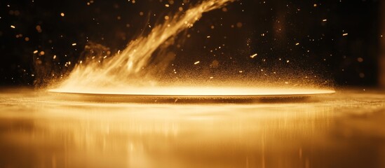 Golden light splash on platform, dark background, product display