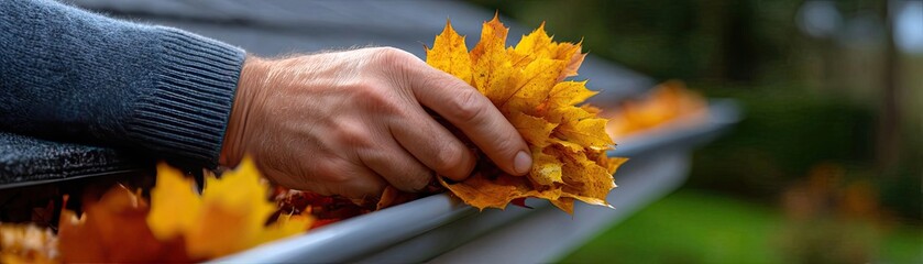 Man hand cleaning leaves from roof rain gutter concept. A person cleaning autumn leaves from a gutter in the garden.