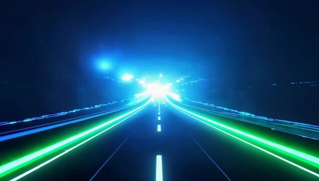 A futuristic neon road shines in green and blue light stretching into a glowing horizon, symbolizing technology, speed, science fiction, connectivity, and the limitless energy of the digital world.