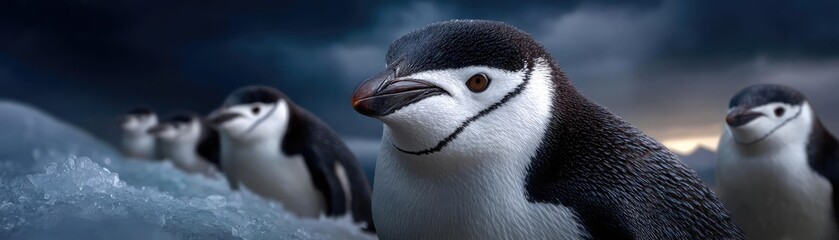 Naklejka premium Oil spill pollution affecting penguin habitat concept. A group of adorable penguins on a chilly arctic landscape.