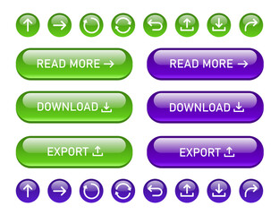 黄緑と紫の矢印アイコン付き立体ボタン(read more/dounload/export)のセット