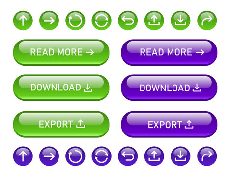 黄緑と紫の矢印アイコン付き立体ボタン(read more/dounload/export)のセット