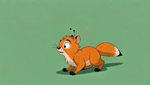 A cute cartoon fox cub with whimsical antennae looking alert and ready to pounce on a solid green background