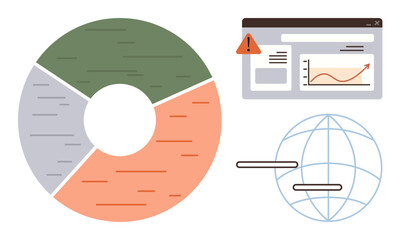 Pie chart with segments, website interface displaying analytics and alert, globe representing global connection. Ideal for analytics, business, technology, warning systems, data management, global