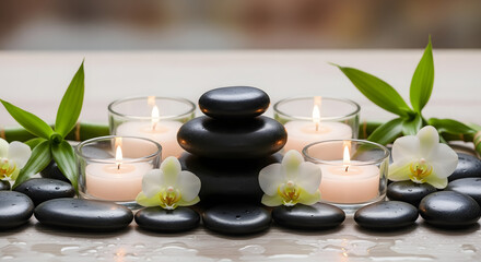 Arrangement of spa stones candles orchids and bamboo creating a serene and calming atmosphere