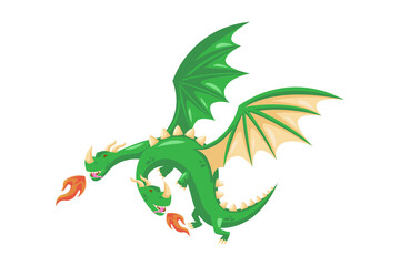 Two Headed Green Pixel Dragon Flying with Fiery Breath on Transparent Background