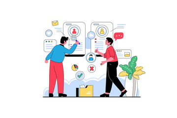 Two People Discussing Candidate Profiles on a White Board with Diagrams and Charts in a Flat Vector Style on Transparent Background