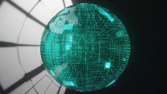Glowing turquoise digital sphere floating in a futuristic environment with geometric patterns, symbolizing artificial intelligence, virtual reality, global networks, advanced technology visualization