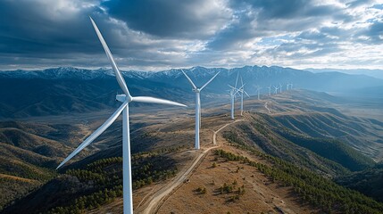 Experience the serene beauty of wind turbines generating clean energy atop rolling hills with majestic snow capped mountains in the distance under a dramatic cloudy sky for sustainable future