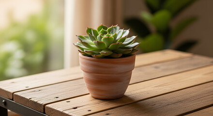 Close up of a green succulent plant in a terracotta pot on a wooden table near a bright window