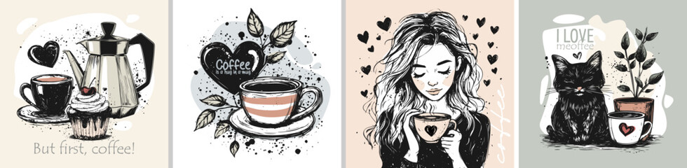 Charming Coffee Illustrations Beautiful Art Designed Specifically for Coffee Lovers Everywhere. Hand-drawn sketch vector.