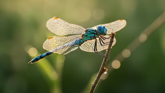 Vibrant dragonfly perched on a slender twig, surrounded by a lush green background in soft light