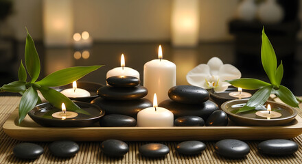 Still life of candles stones bamboo and orchid on a wooden tray for wellness and relaxation