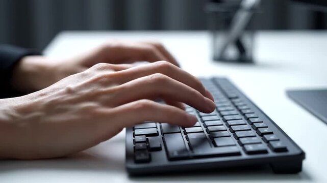 Business professional typing on computer keyboard for data entry and office work