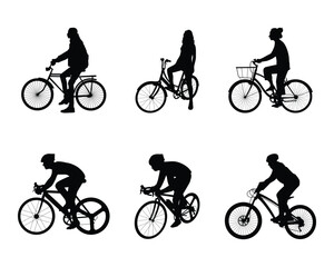 riding bicycle cyclist set collection pack bundle black shape icon silhouette vector flat illustration design on white background