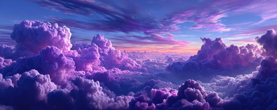 Purple cloud haven as peaceful rest spot concept. Vibrant purple clouds during a breathtaking sunset view.