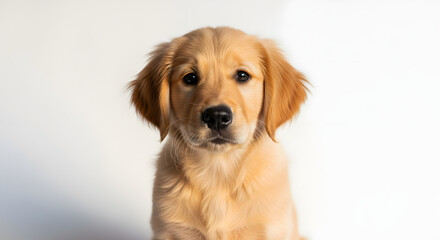 Close up portrait of a golden retriever puppy with a white background looking at the camera