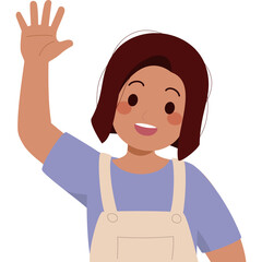 Friendly Young Avatar Girl With Brown Hair Waving Hand Wearing Overalls And Purple T-shirt On Transparent Background Isolated