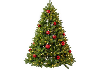 Fototapeta premium Festively decorated green christmas tree with red ornaments and lights isolated isolated on transparent background